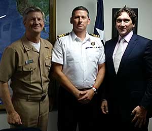 Vice Admiral Robert L. Thomas, Commander of US Navy 7th Fleet, UK Royal Navy Commander Simon Staley, and Warren Edge, MAST meet during a recent visit to Yokosuka, Japan